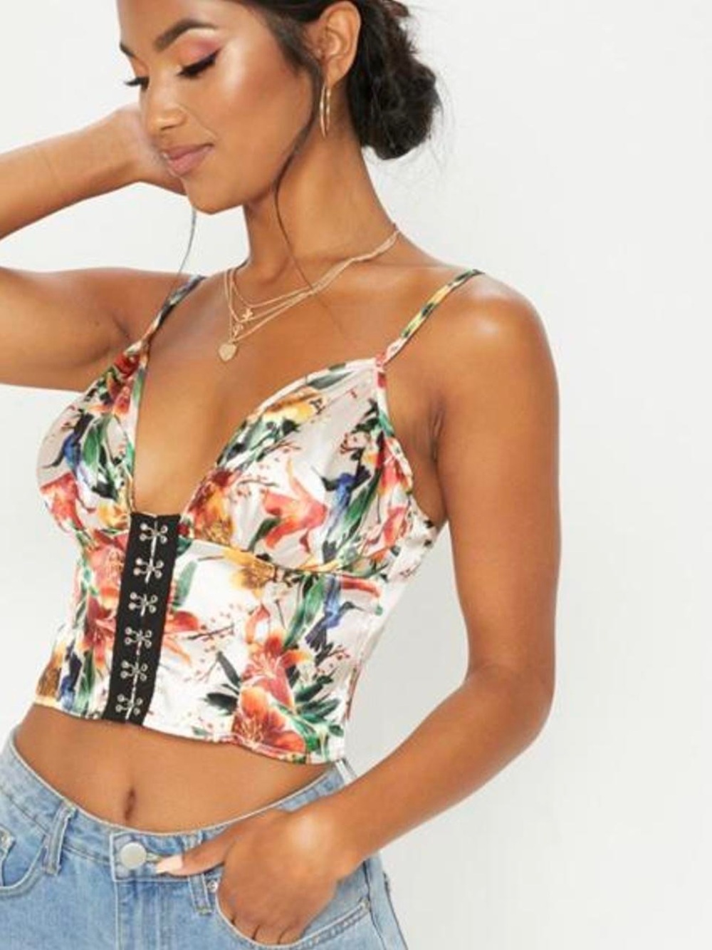 PrettyLittleThing Botanical Hummingbird Satin Hook & Eye Corset Crop Top Pink 4